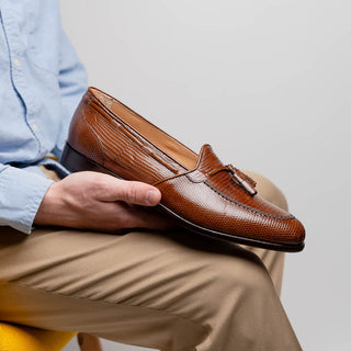Zelli Italia Franco Men's Shoes Cognac Teju Lizard Skin Tassel Loafer (ZEL1006)-AmbrogioShoes