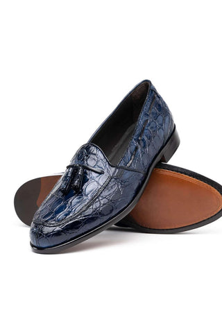 Zelli Italia Franco Navy Crocodile Skin Tassel Loafer (ZEL1005)-AmbrogioShoes
