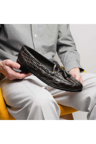 Zelli Italia Franco Nicotine Crocodile Skin Tassel Loafer (ZEL1005)-AmbrogioShoes