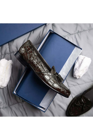 Zelli Italia Franco Nicotine Crocodile Skin Tassel Loafer (ZEL1005)-AmbrogioShoes