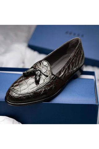 Zelli Italia Franco Nicotine Crocodile Skin Tassel Loafer (ZEL1005)-AmbrogioShoes