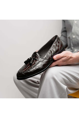 Zelli Italia Franco Nicotine Crocodile Skin Tassel Loafer (ZEL1005)-AmbrogioShoes