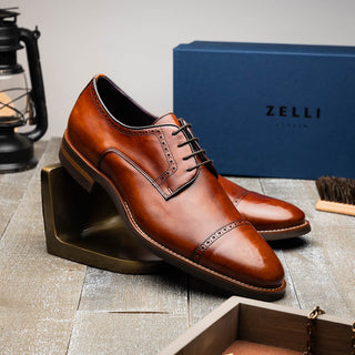 Zelli Italia Giovanni Men's Shoes Cognac Calf-Skin Leather Cap-Toe Derby (ZEL1038)-AmbrogioShoes
