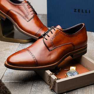Zelli Italia Giovanni Men's Shoes Cognac Calf-Skin Leather Cap-Toe Derby (ZEL1038)-AmbrogioShoes