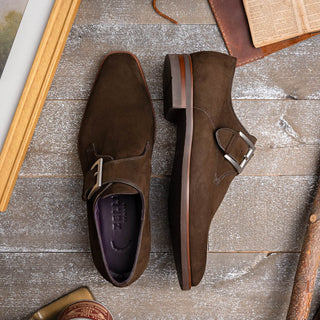 Zelli Italia Hebilla Men's Shoes Dark Brown Calf-Skin Suede Single Monk-Strap (ZEL1076)-AmbrogioShoes