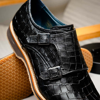 Zelli Italia Legerra Black Crocodile Print Calf-Skin Leather Monk-Strap (ZEL1074)-AmbrogioShoes