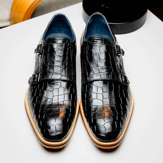 Zelli Italia Legerra Black Crocodile Print Calf-Skin Leather Monk-Strap (ZEL1074)-AmbrogioShoes