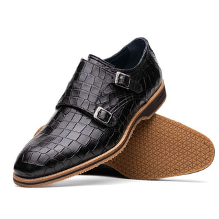 Zelli Italia Legerra Black Crocodile Print Calf-Skin Leather Monk-Strap (ZEL1074)-AmbrogioShoes