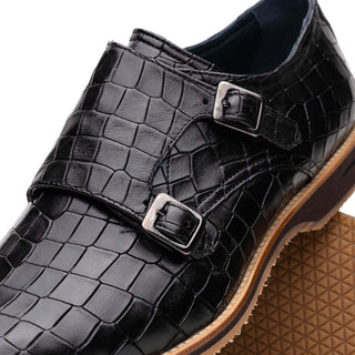 Zelli Italia Legerra Black Crocodile Print Calf-Skin Leather Monk-Strap (ZEL1074)-AmbrogioShoes
