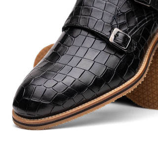 Zelli Italia Legerra Black Crocodile Print Calf-Skin Leather Monk-Strap (ZEL1074)-AmbrogioShoes