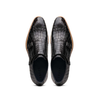 Zelli Italia Legerra Black Crocodile Print Calf-Skin Leather Monk-Strap (ZEL1074)-AmbrogioShoes