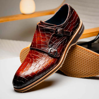 Zelli Italia Legerra Cognac Crocodile Print Calf-Skin Leather Monk-Strap (ZEL1074)-AmbrogioShoes