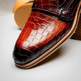 Zelli Italia Legerra Cognac Crocodile Print Calf-Skin Leather Monk-Strap (ZEL1074)-AmbrogioShoes