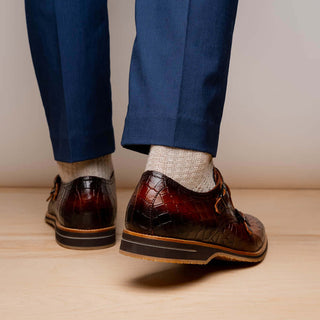 Zelli Italia Legerra Cognac Crocodile Print Calf-Skin Leather Monk-Strap (ZEL1074)-AmbrogioShoes