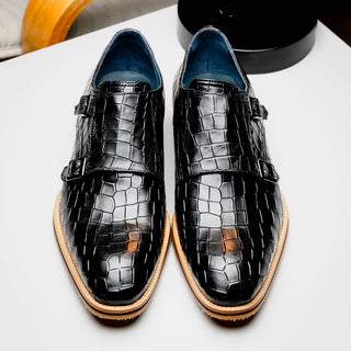 Zelli Italia Legerra Men's Shoes Black Crocodile Print Calf-Skin Leather Monk-Strap (ZEL1074)-AmbrogioShoes