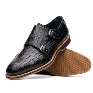 Zelli Italia Legerra Men's Shoes Black Crocodile Print Calf-Skin Leather Monk-Strap (ZEL1074)-AmbrogioShoes