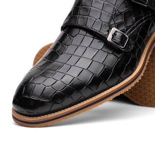 Zelli Italia Legerra Men's Shoes Black Crocodile Print Calf-Skin Leather Monk-Strap (ZEL1074)-AmbrogioShoes