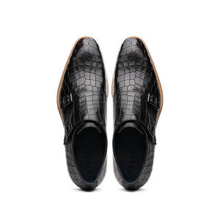 Zelli Italia Legerra Men's Shoes Black Crocodile Print Calf-Skin Leather Monk-Strap (ZEL1074)-AmbrogioShoes