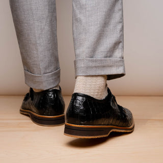 Zelli Italia Legerra Men's Shoes Black Crocodile Print Calf-Skin Leather Monk-Strap (ZEL1074)-AmbrogioShoes