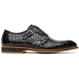 Zelli Italia Legerra Men's Shoes Black Crocodile Print Calf-Skin Leather Monk-Strap (ZEL1074)-AmbrogioShoes