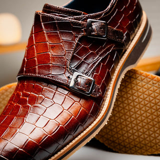 Zelli Italia Legerra Men's Shoes Cognac Crocodile Print Calf-Skin Leather Monk-Strap (ZEL1074)-AmbrogioShoes