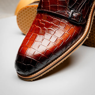 Zelli Italia Legerra Men's Shoes Cognac Crocodile Print Calf-Skin Leather Monk-Strap (ZEL1074)-AmbrogioShoes