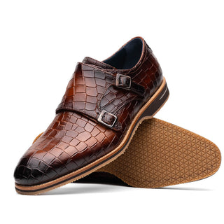 Zelli Italia Legerra Men's Shoes Cognac Crocodile Print Calf-Skin Leather Monk-Strap (ZEL1074)-AmbrogioShoes