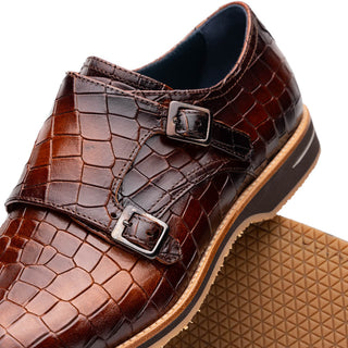 Zelli Italia Legerra Men's Shoes Cognac Crocodile Print Calf-Skin Leather Monk-Strap (ZEL1074)-AmbrogioShoes