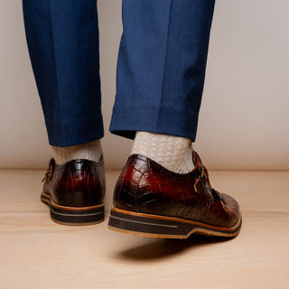 Zelli Italia Legerra Men's Shoes Cognac Crocodile Print Calf-Skin Leather Monk-Strap (ZEL1074)-AmbrogioShoes