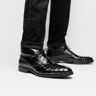 Zelli Italia Marco Men's Shoes Black Ostrich Skin Chukka Boot (ZEL1069)-AmbrogioShoes