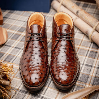 Zelli Italia Marco Men's Shoes Brown Ostrich Skin Chukka Boot (ZEL1069)-AmbrogioShoes