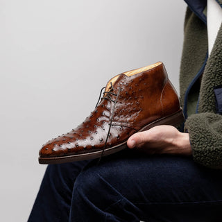 Zelli Italia Marco Men's Shoes Brown Ostrich Skin Chukka Boot (ZEL1069)-AmbrogioShoes