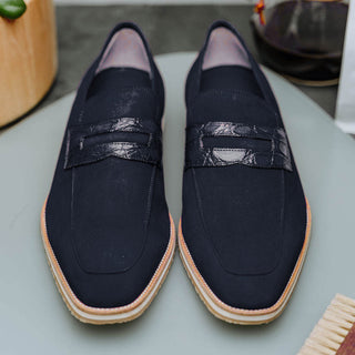 Zelli Italia Meo 3 Men's Shoes Navy Genuine Suede Goat Skin Penny Loafer (ZEL1002)-AmbrogioShoes