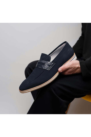 Zelli Italia Meo 3 Navy Genuine Suede Goat Skin Penny Loafer (ZEL1002)-AmbrogioShoes