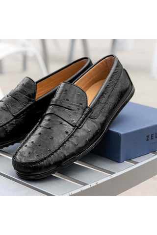 Zelli Italia Monza Black Ostrich Skin Driver (ZEL1047)-AmbrogioShoes