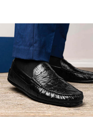 Zelli Italia Monza Black Ostrich Skin Driver (ZEL1047)-AmbrogioShoes