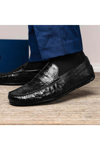 Zelli Italia Monza Black Ostrich Skin Driver (ZEL1047)-AmbrogioShoes