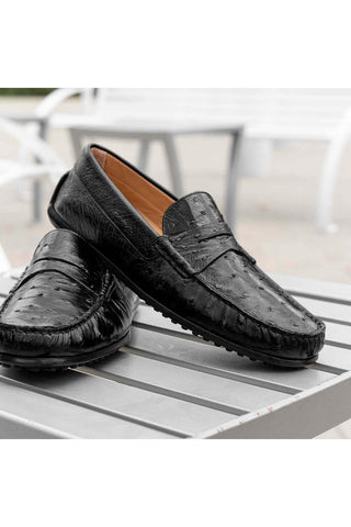 Zelli Italia Monza Black Ostrich Skin Driver (ZEL1047)-AmbrogioShoes