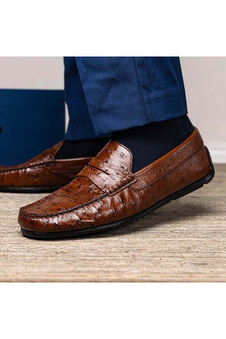 Zelli Italia Monza Brown Ostrich Skin Driver (ZEL1047)-AmbrogioShoes