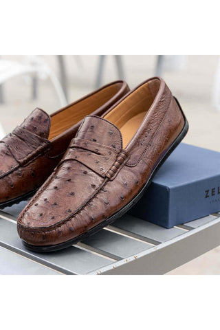 Zelli Italia Monza Brown Ostrich Skin Driver (ZEL1047)-AmbrogioShoes