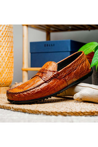 Zelli Italia Monza Cognac Crocodile Skin Driver (ZEL1043)-AmbrogioShoes