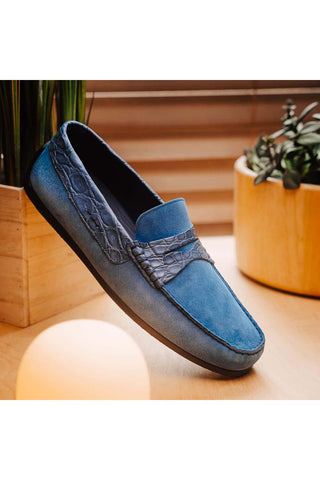 Zelli Italia Monza Denim Calf-Skin Suede & Crocodile Skin Driver (ZEL1044)-AmbrogioShoes