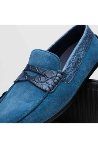 Zelli Italia Monza Denim Calf-Skin Suede & Crocodile Skin Driver (ZEL1044)-AmbrogioShoes