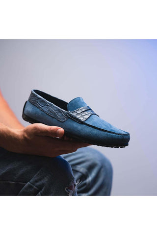 Zelli Italia Monza Denim Calf-Skin Suede & Crocodile Skin Driver (ZEL1044)-AmbrogioShoes