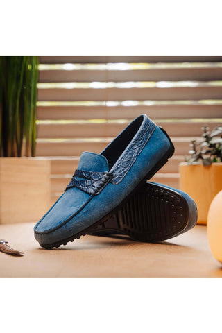 Zelli Italia Monza Denim Calf-Skin Suede & Crocodile Skin Driver (ZEL1044)-AmbrogioShoes