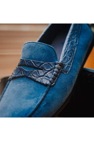 Zelli Italia Monza Denim Calf-Skin Suede & Crocodile Skin Driver (ZEL1044)-AmbrogioShoes