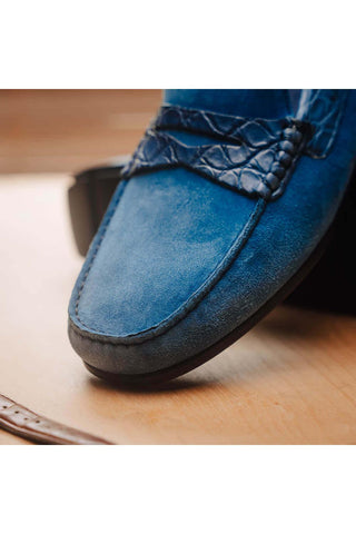 Zelli Italia Monza Denim Calf-Skin Suede & Crocodile Skin Driver (ZEL1044)-AmbrogioShoes