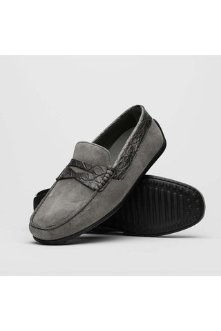 Zelli Italia Monza Gray Calf-Skin Suede & Crocodile Skin Driver (ZEL1044)-AmbrogioShoes