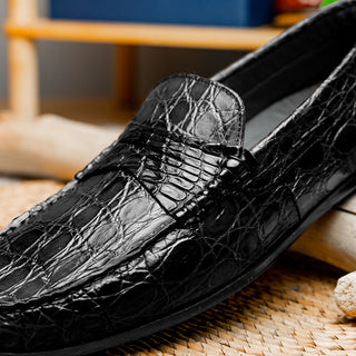 Zelli Italia Monza Men's Shoes Black Crocodile Skin Driver (ZEL1043)-AmbrogioShoes