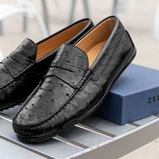 Zelli Italia Monza Men's Shoes Black Ostrich Skin Driver (ZEL1047)-AmbrogioShoes